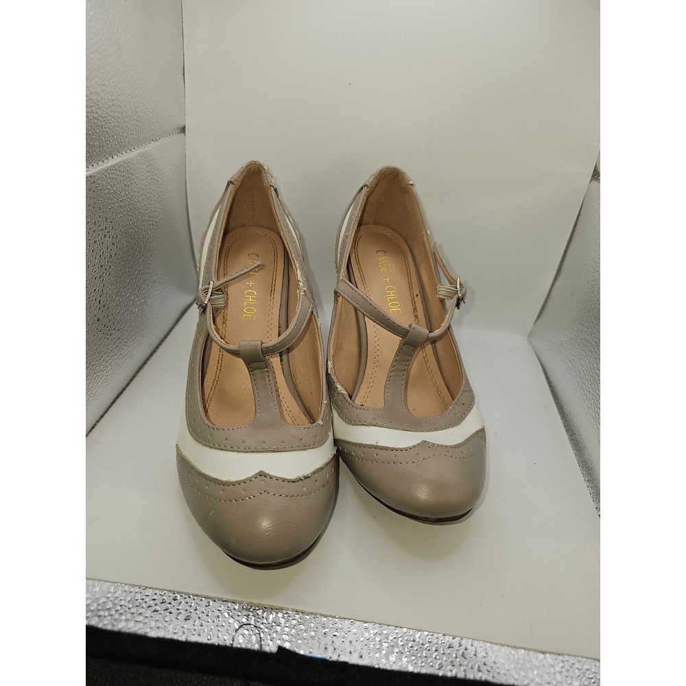 Chase + Chloe Womens 7 T-Strap Pumps Two Tone Taupe Cream Wingtip Vintage Style
